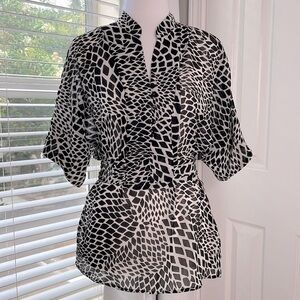 Emma James Sheer Chiffon Animal Print Geometric Belted Top | Black & White | 8
